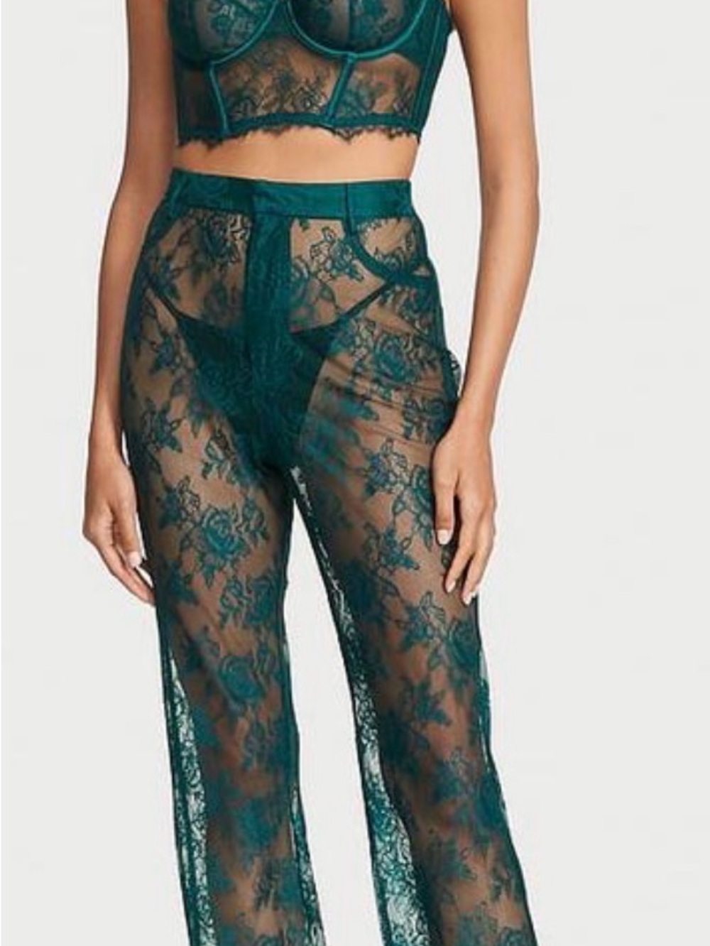 Sheer High-Waist Lace Panty Overlay in Teal Green